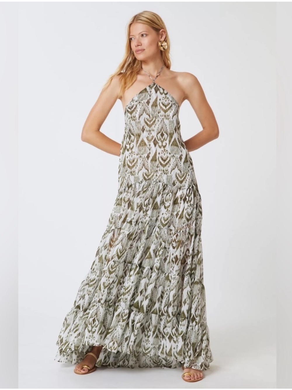 MISA Andromeda Ikat print open back high low halter chiffon dress sz.XS